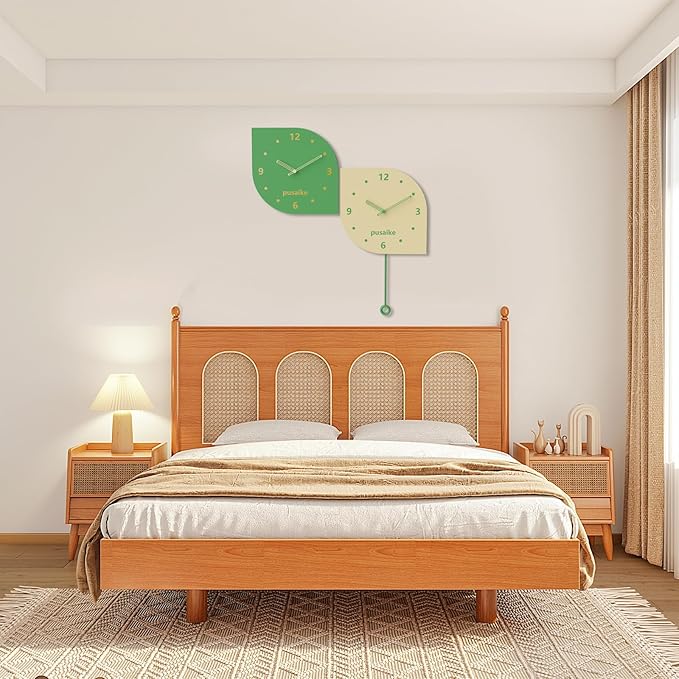 Cute Green Yellow Silent Corner Wall Clock Non Ticking for Living Room, 12 inch Mid Century Modern Decorative Double Sided Clock for Wall Battery Operated, Unique Metal Fancy Clock Wall Decor