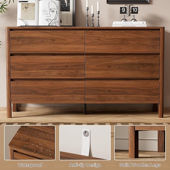 55" Mid-Century Modern Dresser for Bedroom, 6 Drawer Wide Chest of Drawers with Solid Wood Legs, Large Storage Bedroom Dresser, Walnut