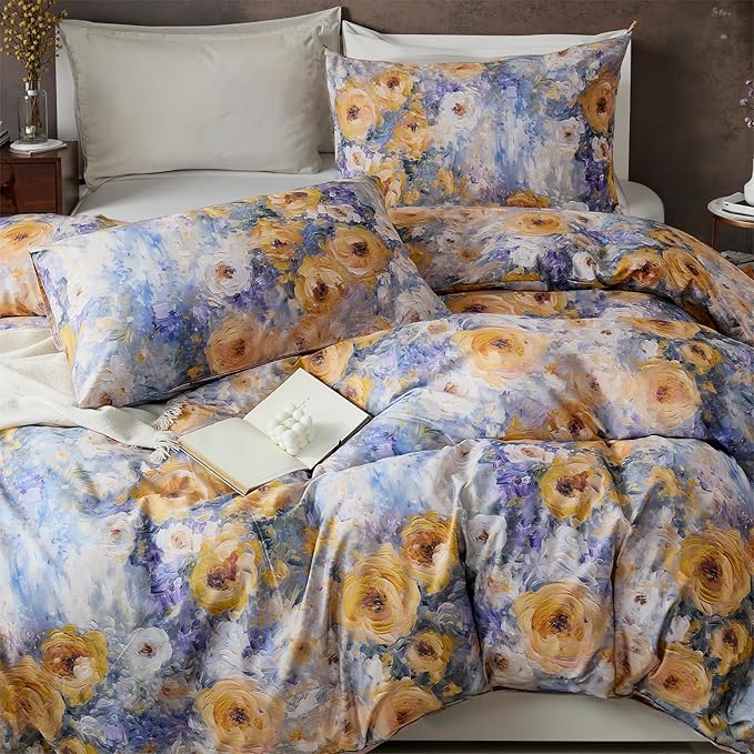 100% Cotton Duvet Cover King Size – Impressionist Natural Yellow & Blue Floral Duvet Cover Set with Zipper Closure, 3-Piece Soft Breathable Durable Percale Cotton Bedding Set for All Seasons