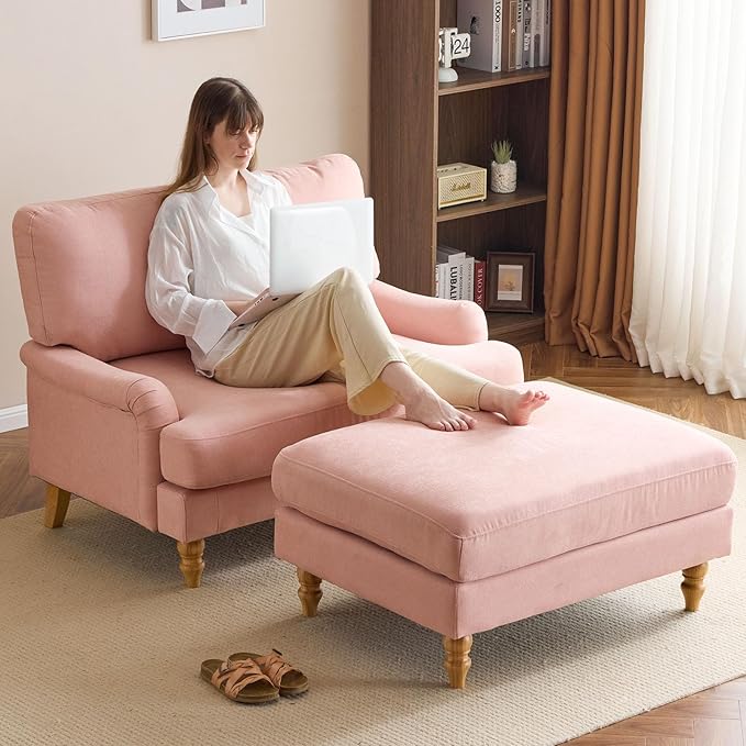 Bezseller Oversized Chair Indoor with Ottoman, 46" W Upholstered Armrest Sofa, Big Comfy Lounge Sofa Deep Seat Sleeper Chair for Living Room, Apartment, Bedroom, Reading Room(Pink)