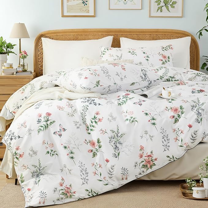 Floral King Duvet Cover, 100% Cotton 3 Pieces Floral Bedding Sets with Zipper Closure Vintage Style Garden Comforter Cover, Soft Breathable, Lightweight