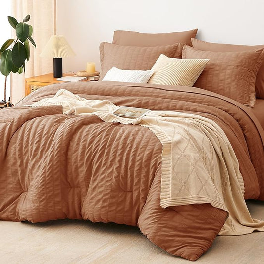 CozyLux Full Size Comforter Sets Pumpkin, 7 Pieces Seersucker Textured Luxury Bed in a Bag, All Seasons Soft Bedding Sets with Down Alternative Comforter, Sheets, Pillowcases & Shams, Home Gift