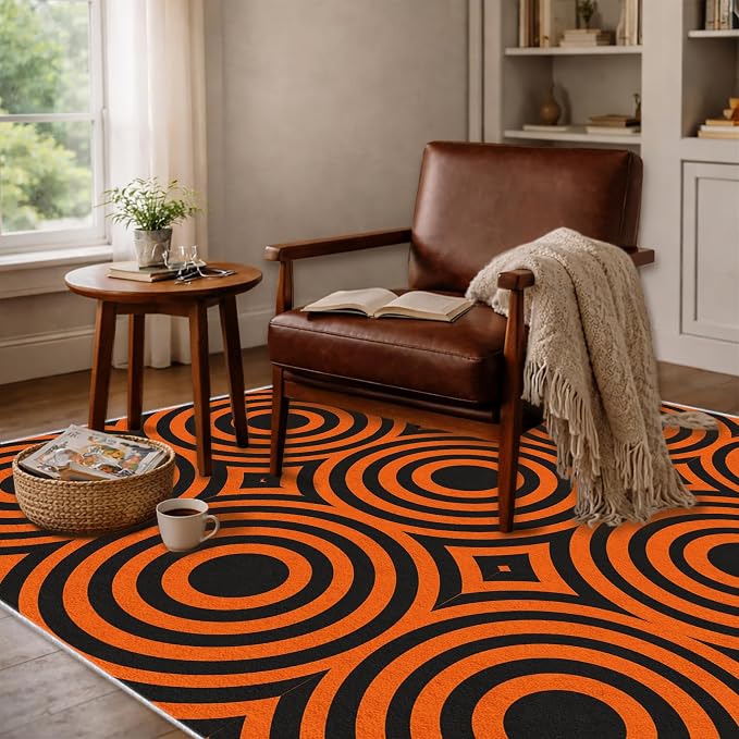 Retro Rings Area Rug 4x5, Optical Geometric Circle Rug, Bold Retro Pattern Carpet for Living Room Bedroom, Non Slip Soft Area Rug