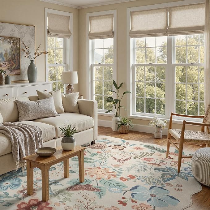 DCX Beige Floral Rug 9x12, Washable Beige Rug for Living Room, Kid & Pet Friendly with Rubber Back Non Slip, Soft Low Pile Carpet, Stain Resistant Rug for Bedroom, Nursery, Dining Room