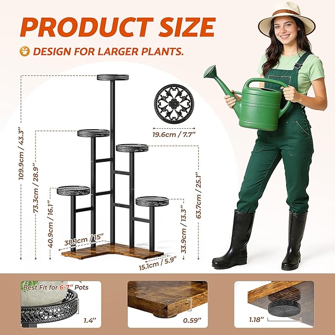 5 Tiered Corner Plant Stands Tall Indoor, Tiered Plant Stand Outdoor,Wood Plant Shelf for Multiple Plants, Wrought Iron Flower Pot Stand, Tall Plant Rack Shelf for House Patio - BlackWave