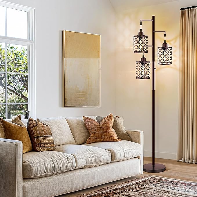 Dimmable Floor Lamp, Farmhouse Standing Lamp with Elegant Metal Cage, Industrial Tall Tree Floor Lamps for Living Room, Bedroom, Study Room, Office, 3 x 800LM LED Bulbs Included, 72", Brown