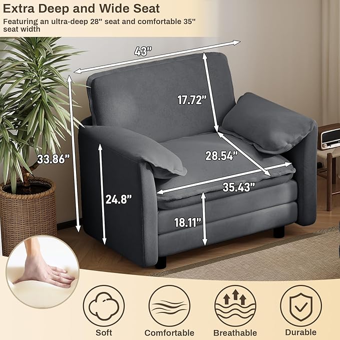 Oversized Chaise Lounge Chair Indoor with Ottoman, Firm Solid Wood Frame with Long Service Life Chenille Oversized Lounge Reading Chair for Study Room - Grey