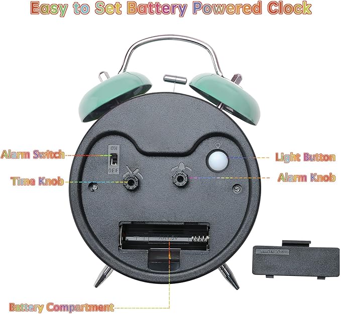 Peakeep Loud Analog Alarm Clock for Kids Learning Telling Time Teaching, 4.5" Twin Bell Alarm Clock Battery Operated for Heavy Sleepers Teenagers Kids(Aqua)