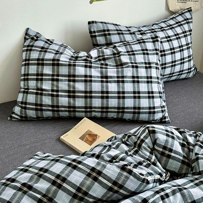 mixinni Vintage Grey & Pale Blue Buffalo Plaid Duvet Cover Set Twin Size - 3 Piece Washed Cotton Bedding Set with Grid Pattern, Soft & Breathable Duvet Cover with Pillowcases for Boys, Men& Women