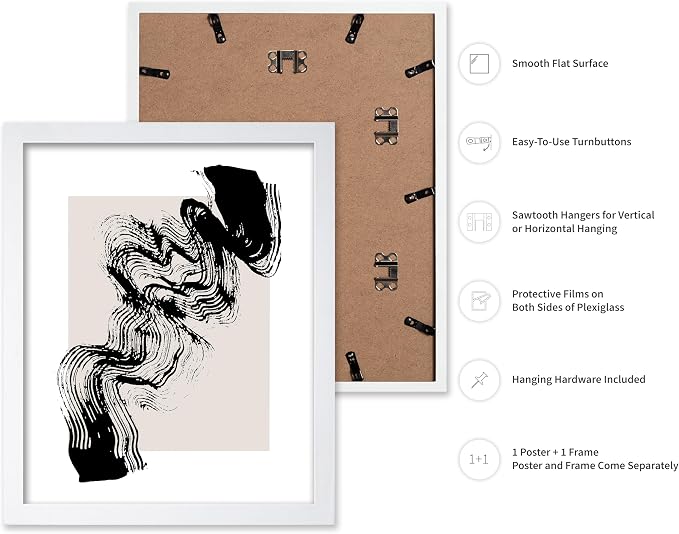 Poster Master Brush Waves Poster - Black Brush Wave Stroke Print - Abstract Design - Drawing Artwork - Mid Century Modern Art - Minimal Design - Living Room or Bedroom Wall Decor - 16x20 White Framed