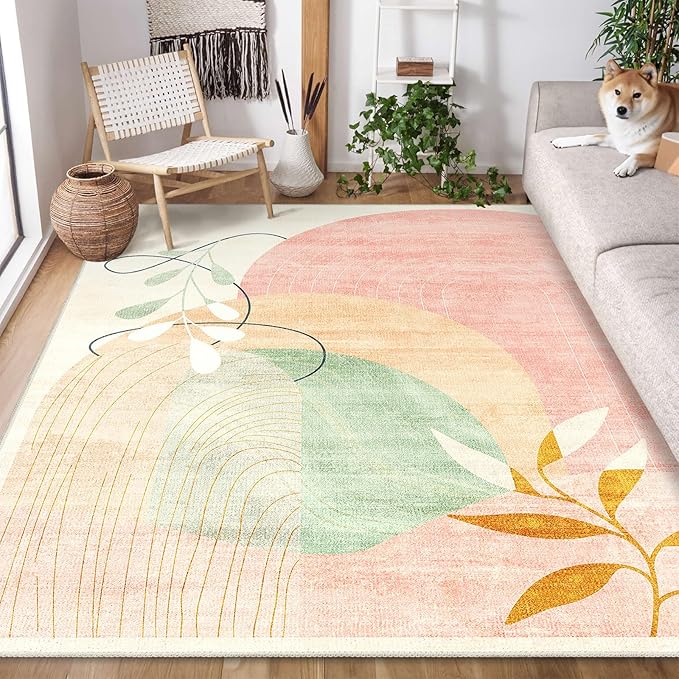 MUJOO 5x7 Area Rugs for Bedroom Living Room,Boho Washable Rug Non Slip Throw Carpet for Office Dining Room Indoor Mid Century Modern Abstract Botanical Geometric Accent Pink