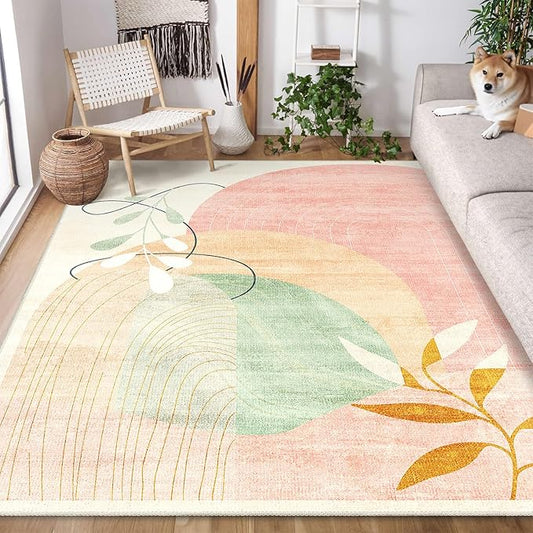 MUJOO 5x7 Area Rugs for Bedroom Living Room,Boho Washable Rug Non Slip Throw Carpet for Office Dining Room Indoor Mid Century Modern Abstract Botanical Geometric Accent Pink