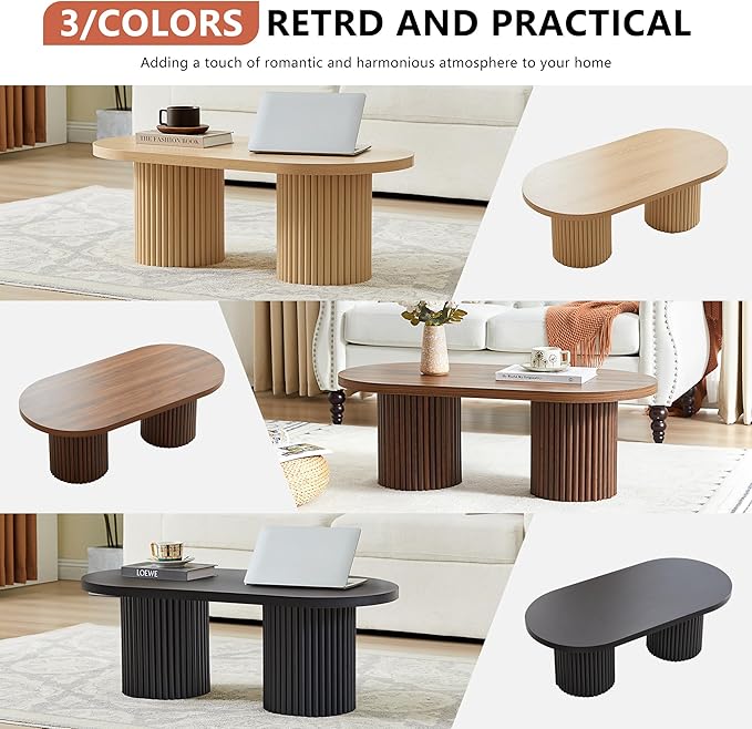 Oval Fluted Coffee Table, Farmhouse Wood Coffee Table Mid Century Modern Center Table Boho Living Room Tables for Living Room Office (Black, 19.69" D x 39.38" W x 13.78" H)