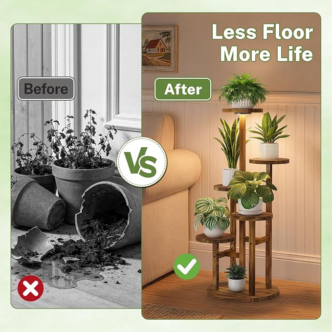 iDavosic.ly 5 Tier Plant Stand Indoor with Grow Light, Tiered Corner Wood Multiple Flower Holder Shelf, Tall Orchid Display Rack for Living Room Bedroom, Brown