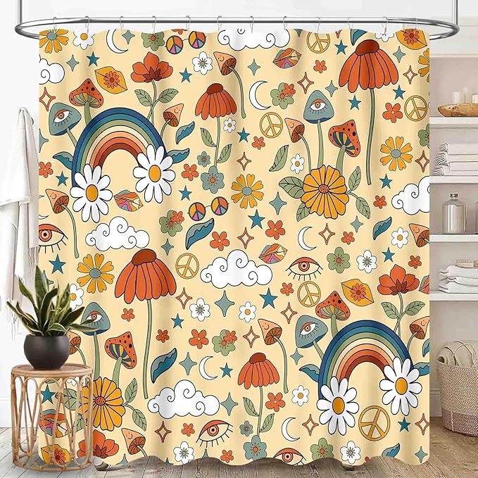70s Mushroom Shower Curtain, Retro Groovy Hippie Funky Boho Rustic Cute Vintage Colorful Botanical Plants Pattern Orange Waterproof Fabric Bathroom Shower Curtain Set with Hooks, 72"x72" Inch