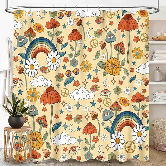 70s Mushroom Shower Curtain, Retro Groovy Hippie Funky Boho Rustic Cute Vintage Colorful Botanical Plants Pattern Orange Waterproof Fabric Bathroom Shower Curtain Set with Hooks, 72"x84" Inch