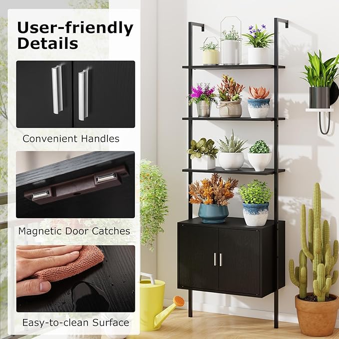 Giantex 72.5" Ladder Bookshelf with Cabinet Set of 2, 5-Tier Tall Wall-Mounted Shelf w/Storage, Modern Style Kitchen Open Shelving Organizer, Heavy-Duty Metal Frame Display Rack for Living Room,Black