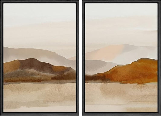 MUDECOR Framed Canvas Print Wall Art Pastel Brown Mountain Range Ocean Lake Wilderness Nature Illustrations Modern Art Decorative Calm/Relax Multicolor Rustic Minimal for Bedroom - 24"x36"x2 Black