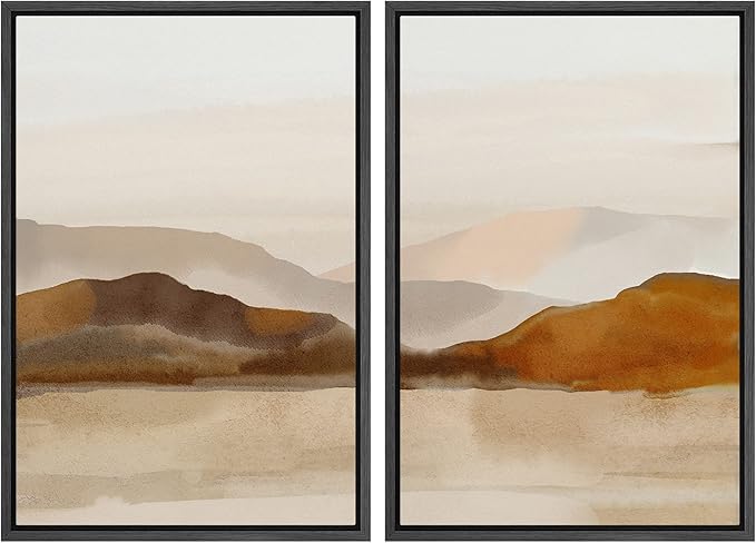 MUDECOR Framed Canvas Print Wall Art Pastel Brown Mountain Range Ocean Lake Wilderness Nature Illustrations Modern Art Decorative Calm/Relax Multicolor Rustic Minimal for Bedroom - 16"x24"x2 Black