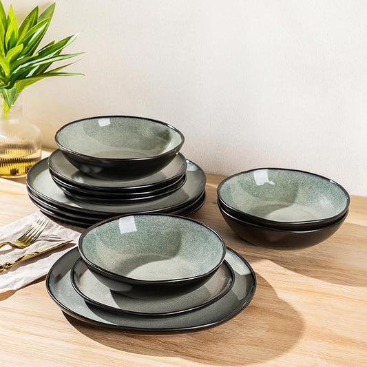 AmorArc Ceramic Dinnerware Sets,Handmade Reactive Glaze Stoneware Plates and Bowls Set,Highly Chip and Crack Resistant | Dishwasher & Microwave Safe Dishes Set,Service for 4 (12pc)