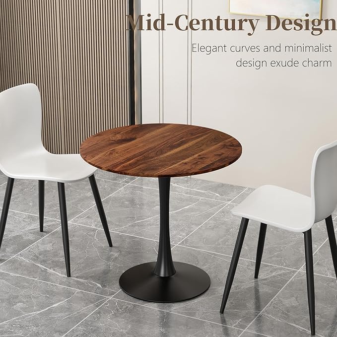31.5 Inch Round Dining Table,Mid-Century Tulip Table with Metal Pedestal Base,Modern Leisure Table for Small Space Kitchen Dining Room,Easy Assembly,Walnut and Black