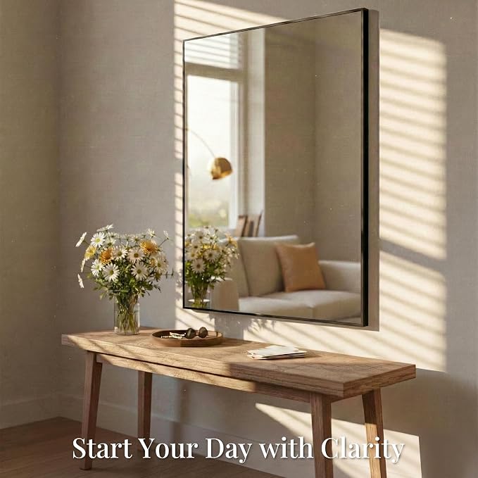 30"x36" Black Bathroom Mirror for Wall, Shatterproof Tempered Glass, Rectangle Narrow Frame Vanity Mirror, H/V Wall-Mounted, Ultra-Flush