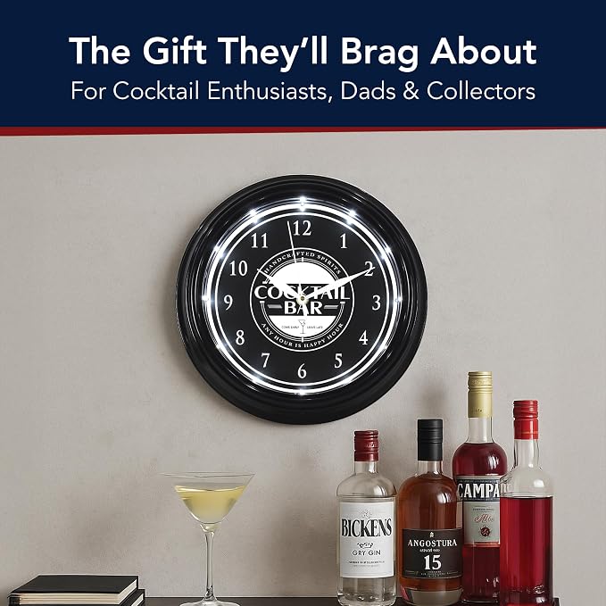 American Art Decor Cocktail Bar LED Modern Wall Clock - 12" for Home, Happy Hour Bar Decor, Living Room, Office, Game Room, Mancave, Garage (Black/White)