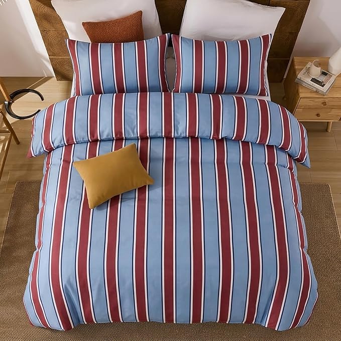 Merryword Burgundy and Blue Striped Duvet Cover Set King Size, 100% Cotton Bedding Set with Zipper Closure & 8 Corner Ties, Awning Stripe Bedding, Soft Breathable Comforter Cover for All Seasons