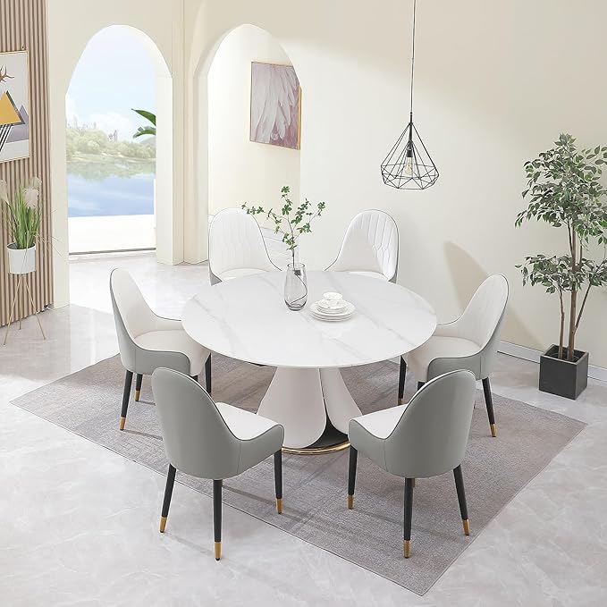 59'' Round Marble Dining Table Set with 6 Chairs for 6-8, Kitchen Table, Dining Room Table Set Petal Pu Leather & Metal Base