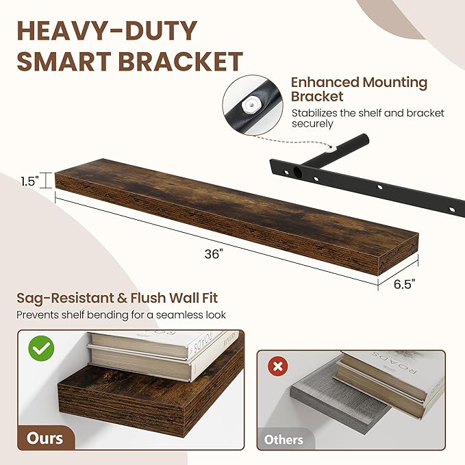 36 Inch Floating Shelves for Wall 2 Pack, 36" Wall Shelves for Books, Storage, Decor, Wall Mounted Floating Shelf with Invisible Brackets for Kitchen, Living Room, Brown