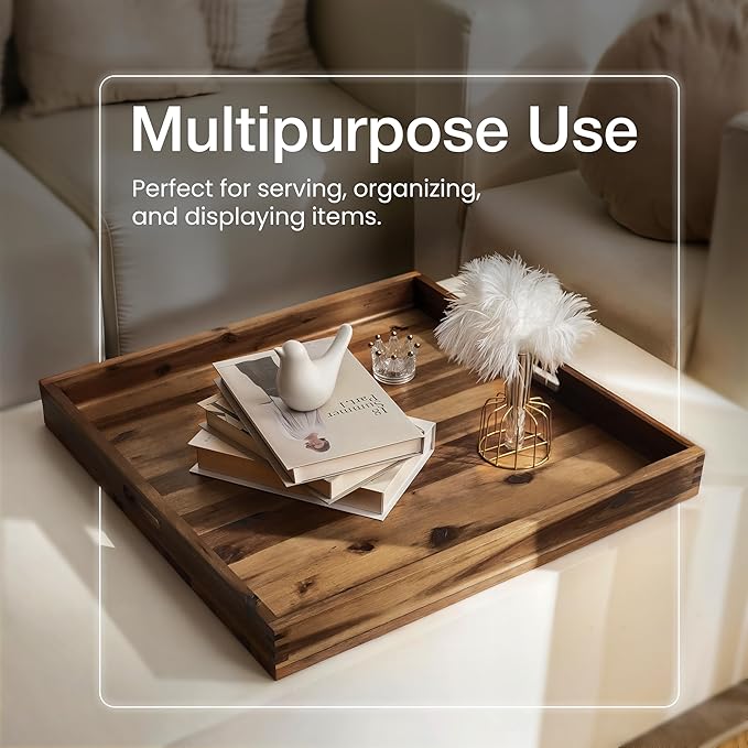 24 x 24 inch Acacia Wood Square Ottoman Tray – Large Wooden Tray for Ottoman, Extra Large Ottoman Tray for Living Room, Coffee Table & Decorative Use (Walnut Color)