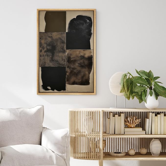MUDECOR Framed Canvas Print Wall Art Black and Brown Geometric Block Abstract Illustrations Fine Art Mid-Century Modern Multicolor for Living Room, Bedroom, Office - 16"x24" NATURAL