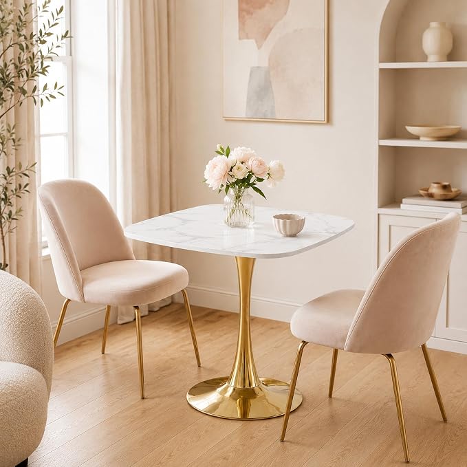 31.5" Square Dining Table for 2-4, White Marble-Look MDF Top with Gold Tulip Pedestal Base, Mid-Century Modern Kitchen Table for Apartment, Breakfast Nook, Café and Bistro