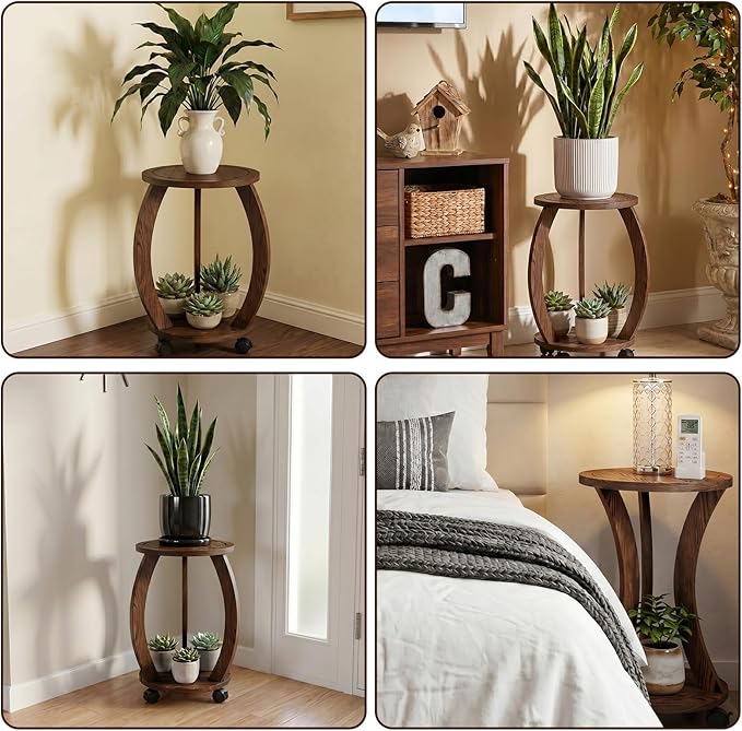 2 Tier Wooden Plant Stand Indoor with Wheels – Tall Plant Stand for 6-12 Inch Pots, Mid-Century Modern Rustic Plant Table Indoor, Pedestal Stand for Corner, Living Room, Balcony, Dark Brown