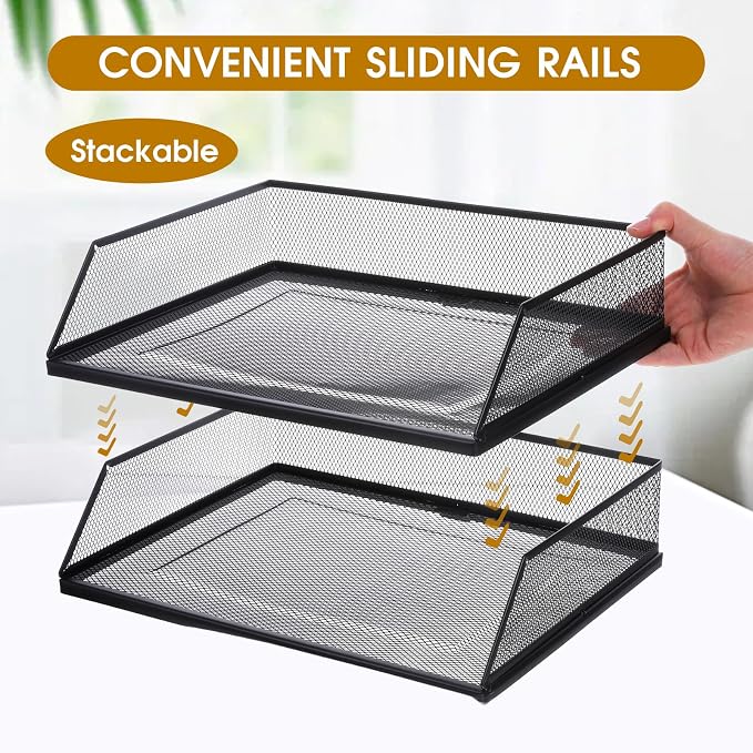 2 Pack Wire Mesh Letter Trays Paper Tray, 2-Tier Metal Mesh Desktop Organizer, Stackable Metal Front-Load Documents Tray, File Folder Sorter Organizer for Office Home(Transverse)