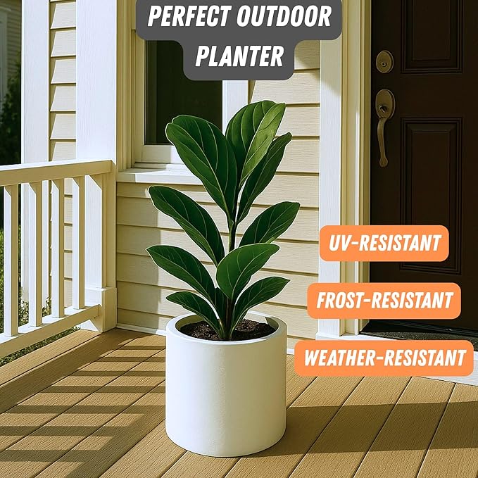 Fox & Fern Large Indoor Planter, Modern Large Plant Pot for Indoor or Outdoor, UV and Frost Resistant - 10 Inch, Fiberstone, Matte White Flower Pot with Hide Saucer, Lightweight