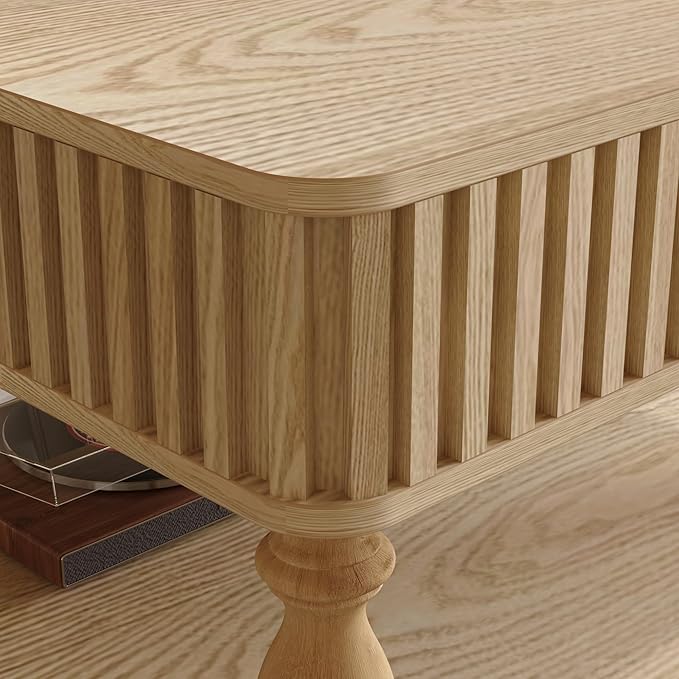 31.5 Inch Square Lift Top Coffee Table with Hidden Storage, 2 Tier Wooden Square Fluted Coffee Table with Open Shelf & Sculpted Leg, Retro Center Table for Living Room, Apartment, Home Office, Natural