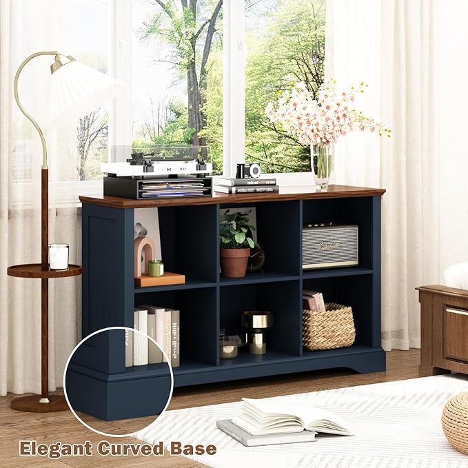 6 Cube Storage Organizer - 47.4" Farmhouse Wood Low Bookshelf, 3 Tier Horizontal Open Shelf Bookcase Cubby Storage Console Cabinet for Living Room, Entryway, Office, Navy Blue
