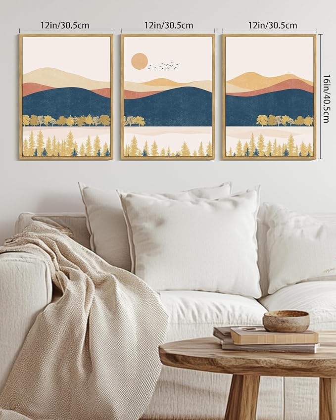 KUVIOKE Bohemain Mountain Landscape Framed Canvas Wall Art Watercolor Nature Artwork Painting Boho Farmhouse Rustic Room Decor for Bedroom Living Room 12x16in (Natural Framed)