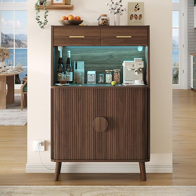 Decofy 47.2" Sideboard Buffet Cabinet with LED Light & Sliding Door, Modern Storage Cabinet with Adjustable Shelf &2 Drawers, Coffee Bar for Kitchen, Entryway(Oak) (Walnut)