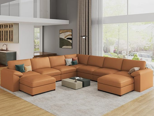 EASE MOOSE Oversized U Shaped Couch,Modular Sectional Convertible Sofa with Wide Deep,Extra Large Faux Leather Scratch Resistant Modern Couch for Big Spaces,Brown