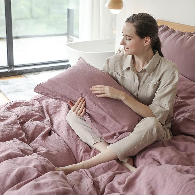 Simple&Opulence 100% Linen Duvet Cover Set 3pcs with Coconut Button Closure Natural French Washed Flax Solid Color Soft Breathable Farmhouse Bedding - Purple, Full Size