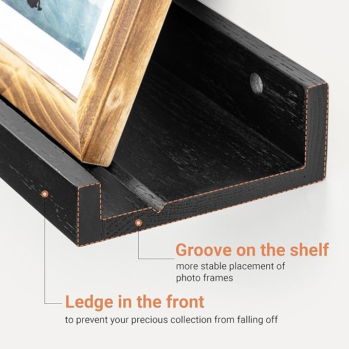 Vivelove Floating Shelves Wall Mounted Set of 2, Modern Black Wall Shelves for Storage with Lip, Display Picture Ledge Shelf for Bedroom Kitchen Bathroom Living Room Nursery Display