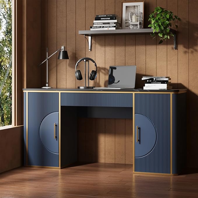 60" Fluted Computer Desk, Wooden Long Home Office Writing Desk with Drawer & Storage Cabinet, Modern Writing Table with Charging Station, High Executive Desk for Office，Bedroom, Navy Blue