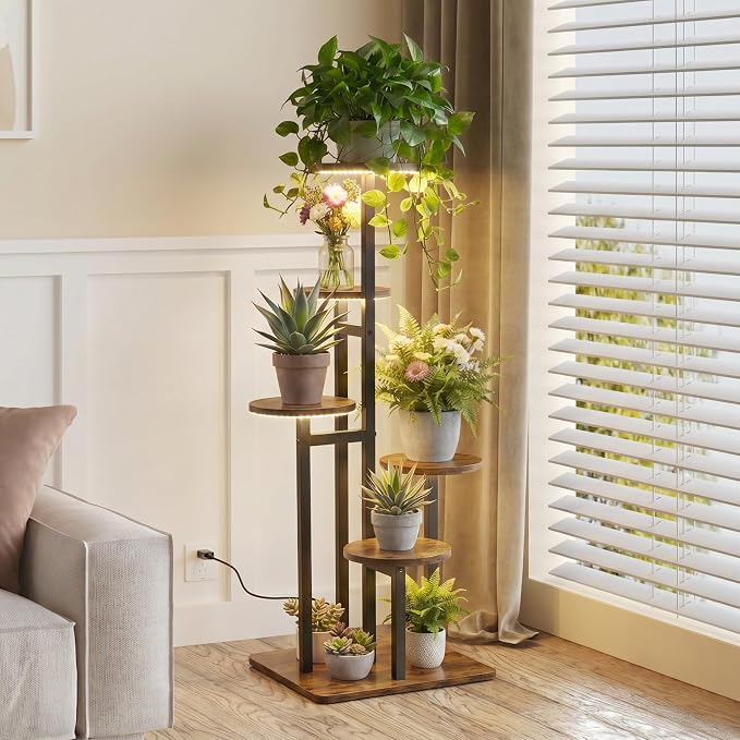 5 Tier Plant Stand Indoor with Grow Light for Multiple Plants | Corner Flower Stand, Vintage Multi-Layer Design, Sturdy Plant Shelf, Space-Saving, Ideal for Living Room Indoor Plant Display