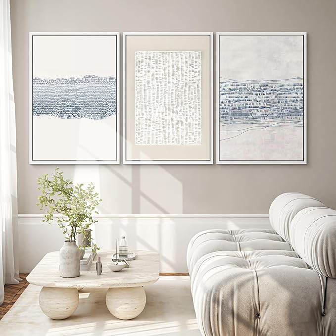 SIGNWIN Framed Canvas Print Wall Art Set Blue White Grunge Geometric Pattern Abstract Shapes Cozy Neutral Modern Art Decorative Contemporary Minimal for Living Room, Bedroom, Office - 24"x36"x3 White