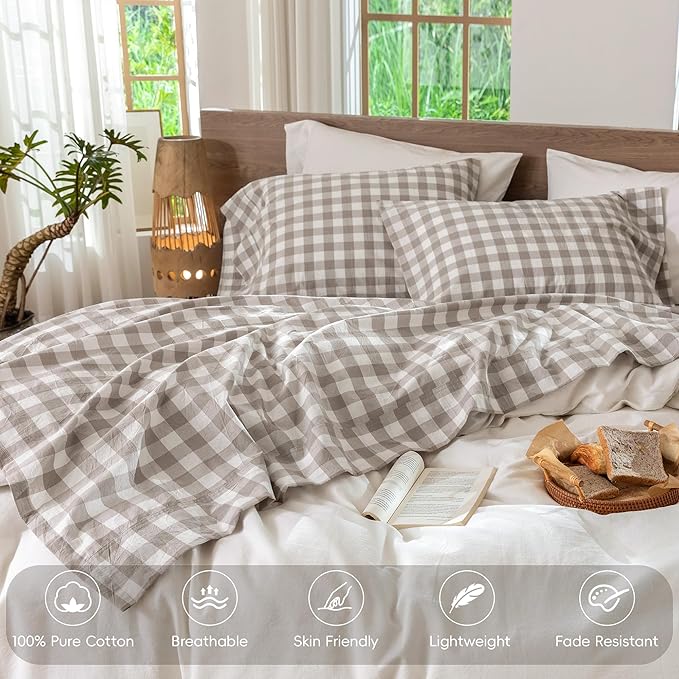 MooMee Gingham Sheet Set 100% Washed Cotton Linen Like Textured Breathable Soft w/Fully Elasticized 16-19" Deep Pocket (Buffalo Plaid Tannish Linen Grey, Queen)