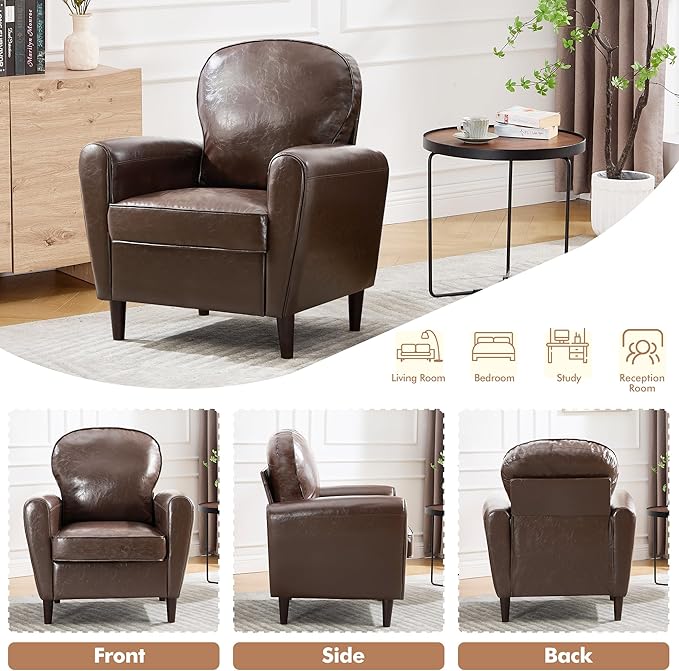 Mid Century Accent Chair Set of 2, Modern Faux Leather Arm Chair, Comfy Upholstered Reading Chair Single Sofa Chairs for Living Room, Bedroom, Club, Coffee