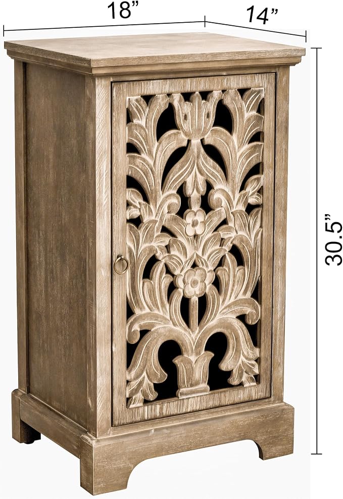 eHemco Vintage Hollow Carved Door End Table, 18 x 14 x 30.5 Inches, Storage Cabinet with Decorative Panel, Indoor Living Room Side Table, Natural