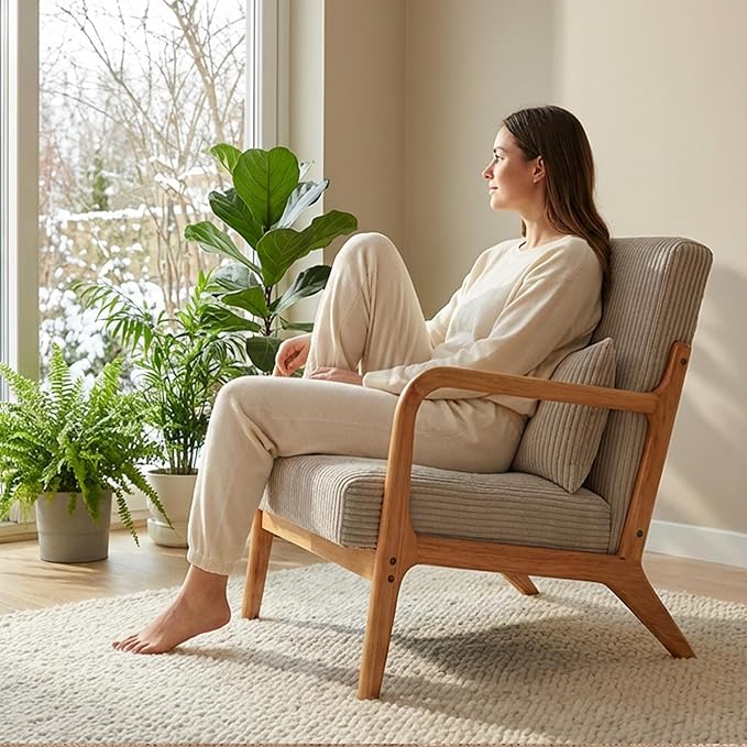 HjaustevyAccent Chairs, Mid Century Modern Chair with Pillow, Arm Chair with Solid Wood, Reading Relaxing Leisure Chair for Living Room, Waiting Room, Beige